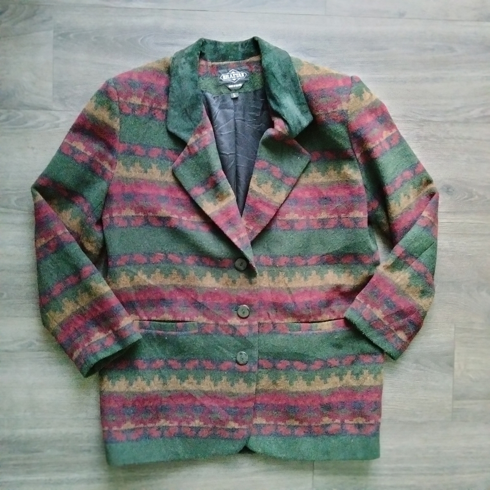 Braetan Vintage Wool Blend Lined Blazer Jacket Womens Size L Southwestern Aztec